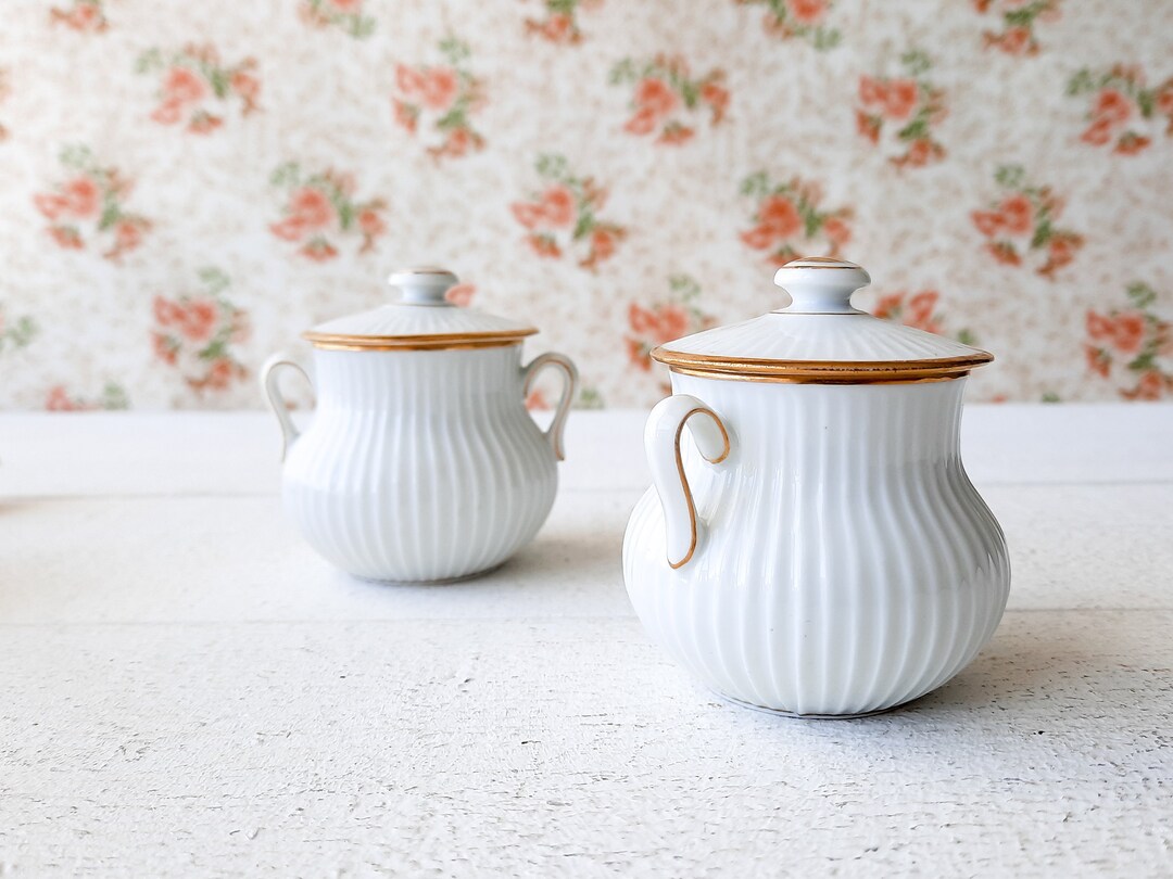 Vintage Pots De Creme Set of 2 Ribbed White and Gold Porcelain Etsy