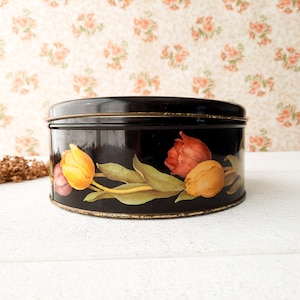 Tropical Black Biscuit Barrel Large Black Biscuit Tin Box With Flowers  Round Box, Lithographed
