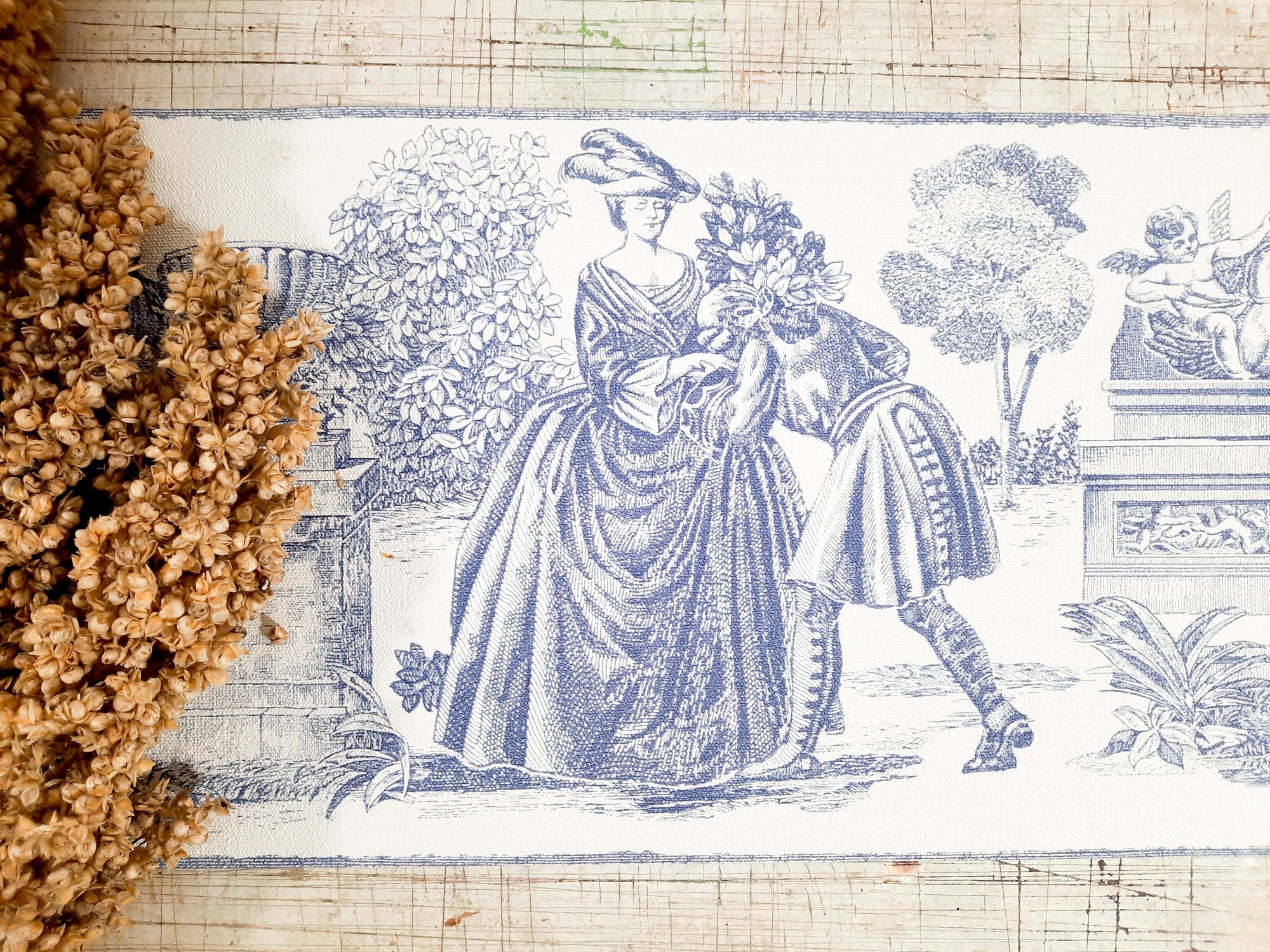 5.5M Antique Français Blue Toile de Jouy Frieze Roll Wall Paper Vintage, Pour Projets, Château Decor