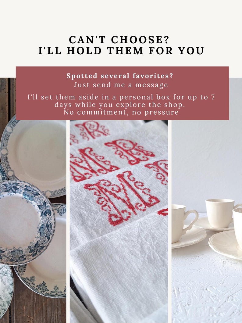 Peut inclure: L'image pr&eacute;sente une s&eacute;lection de vaisselle vintage, notamment des assiettes avec des motifs floraux bleus et des tasses &agrave; th&eacute; cr&egrave;me avec des soucoupes. Une serviette en lin blanc avec des initiales brod&eacute;es en rouge est &eacute;galement pr&eacute;sente. Texte: "CAN'T CHOOSE? I'LL HOLD THEM FOR YOU."