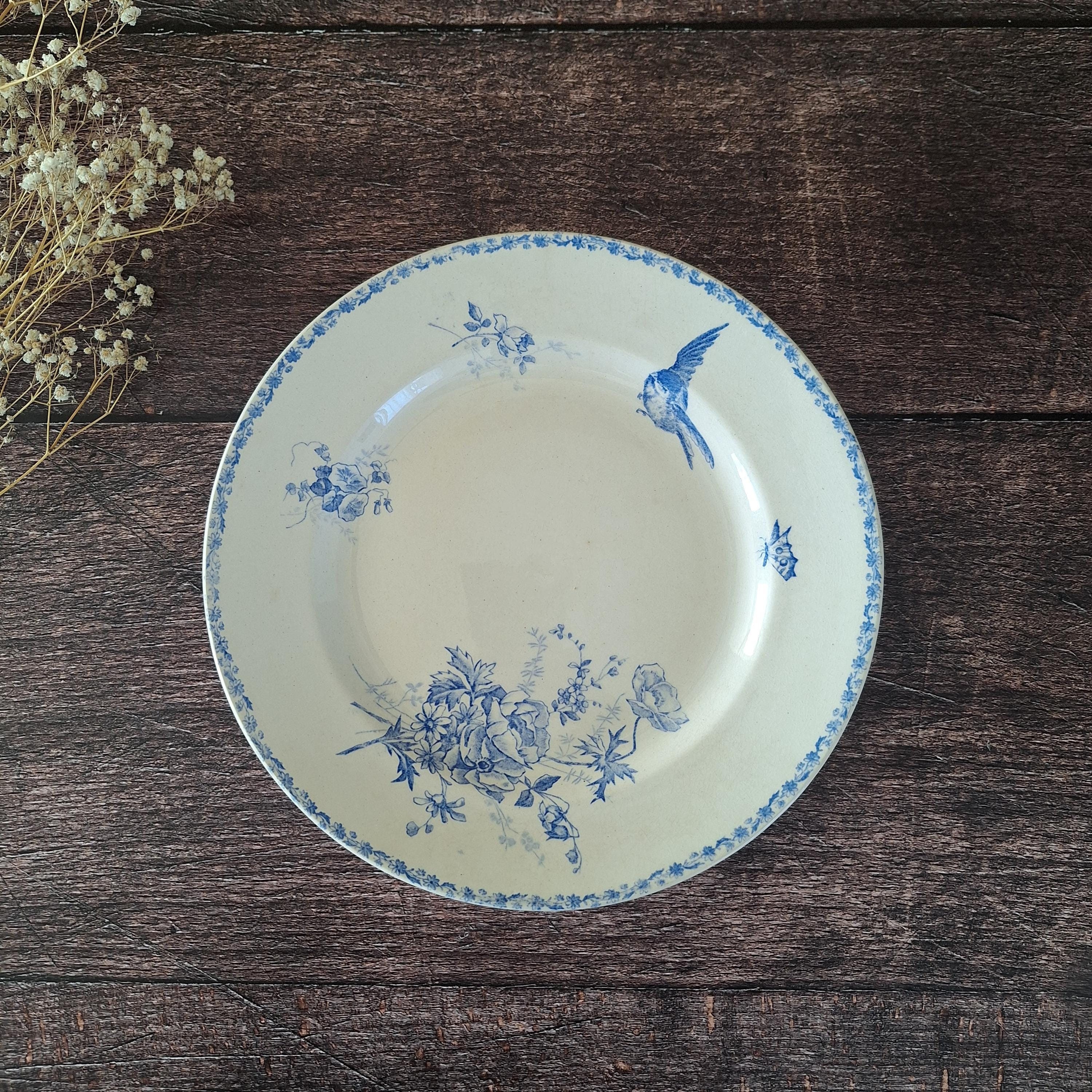 Large French Antique Ironstone Blue Transferware Platter Round by Emile Bourgeois Paris, Round Iron Earth Dish Flowers Birds Terre de Fer