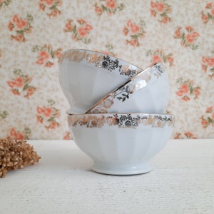 Set of 3 Vintage French Pedestal Cafe au Lait Bowls Faceted Ironstone Gold and White Porcelain Coffee Bowls image 1