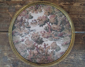 Large French Art Deco Bronze and Brass Tray with Tapestry 1920s