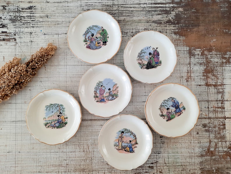 Set of 6 French Vintage ST AMAND Ceranord China White Dessert Plates Japanese Decor, Rustic Tea Party, Cottage Chic, Side Plates Porcelain image 3