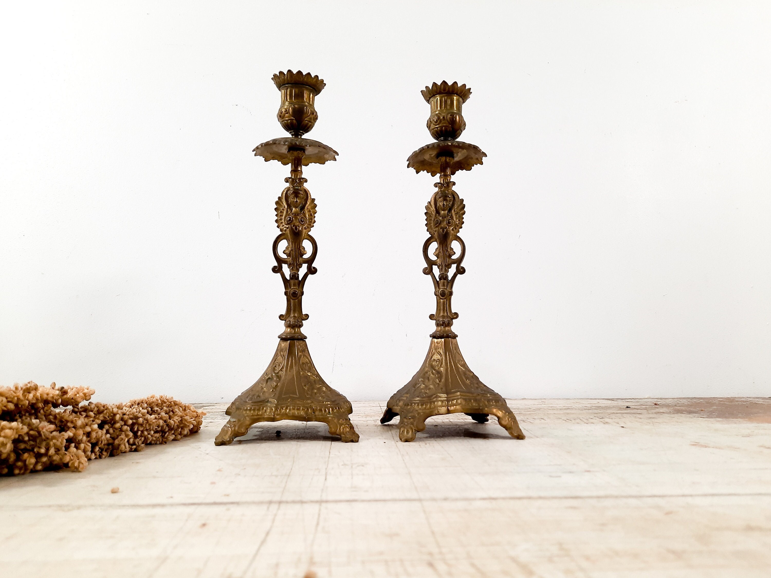 Antique English Brass Beehive Candlesticks, Pair -  Canada