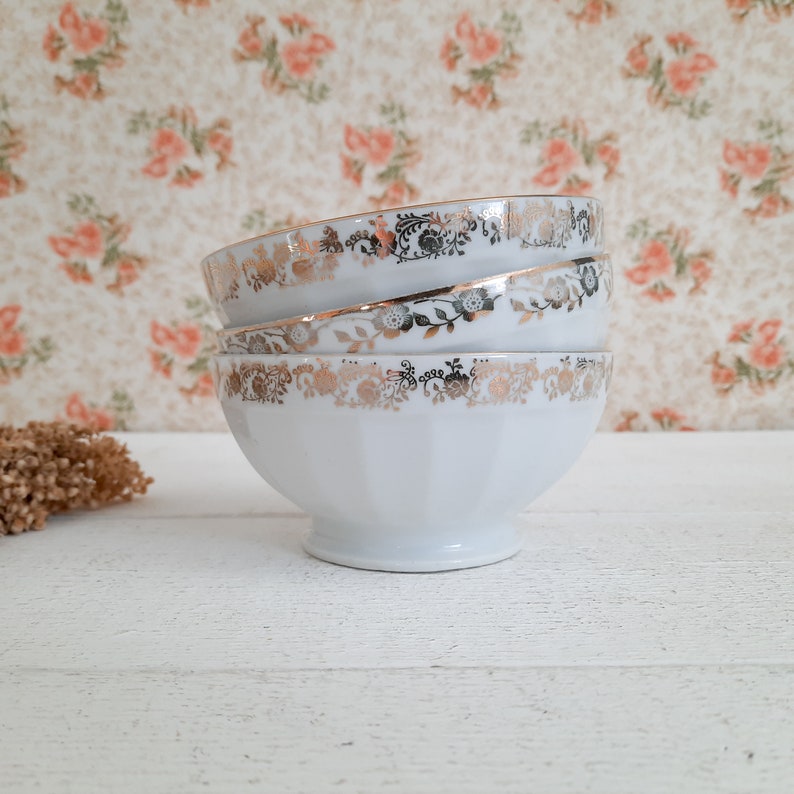 Set of 3 Vintage French Pedestal Cafe au Lait Bowls Faceted Ironstone Gold and White Porcelain Coffee Bowls image 4