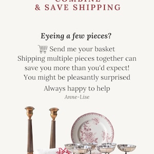 Puede incluir: Dos candelabros de bronce altos, una pila de ropa blanca con bordados rojos, un plato blanco con un patr&oacute;n floral rojo y cuatro copas de metal plateado. El texto dice: COMBINE & SAVE SHIPPING. Eyeing a few pieces? Send me your basket.