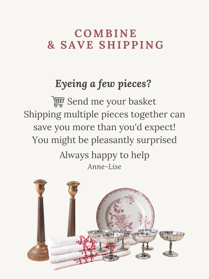 Puede incluir: Dos candelabros de bronce altos, una pila de ropa blanca con bordados rojos, un plato blanco con un patr&oacute;n floral rojo y cuatro copas de metal plateado. El texto dice: COMBINE & SAVE SHIPPING. Eyeing a few pieces? Send me your basket.