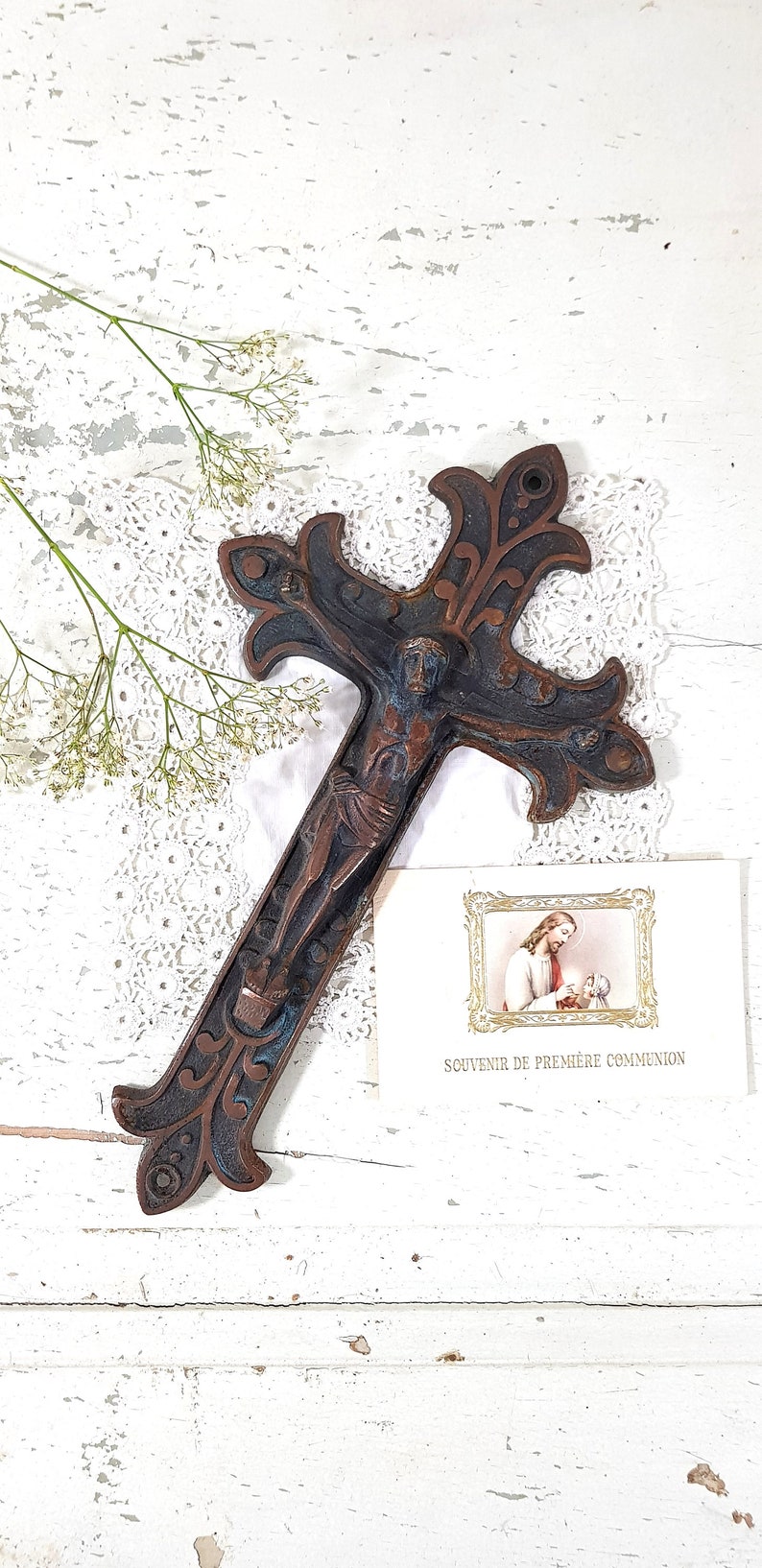 Ornate Antique Cast Iron Crucifix Wall Cross Metal Religious
