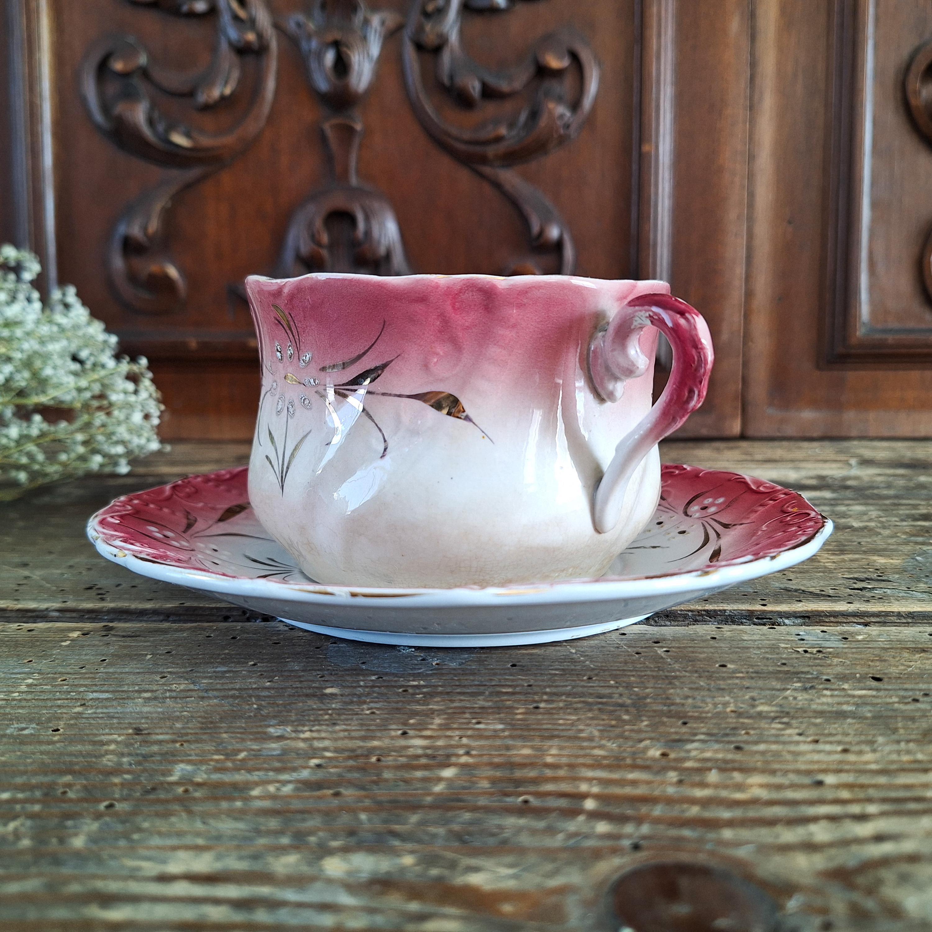 Antique French Cafe Au Lait Cup and Saucer, Digoin Sarreguemines