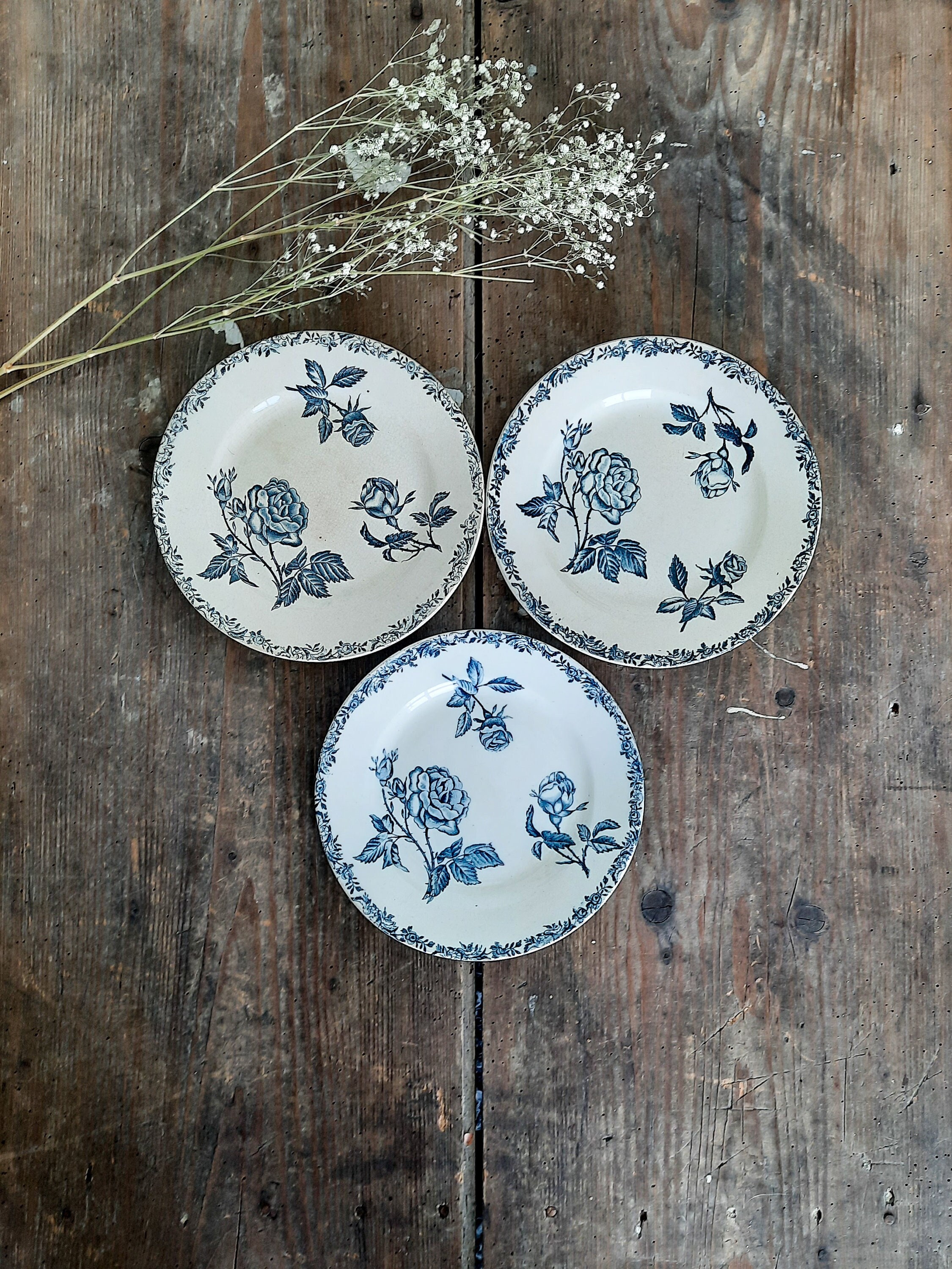 Ironstone Plate Rose Blue Transferware Plate Terre De Fer 1900s