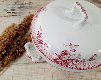 Antique French Ironstone Red Transferware Tureen with Lid GIEN Pomponnette, Tea Stained Ironstone Tureen, French Soupiere, Footed Tureen