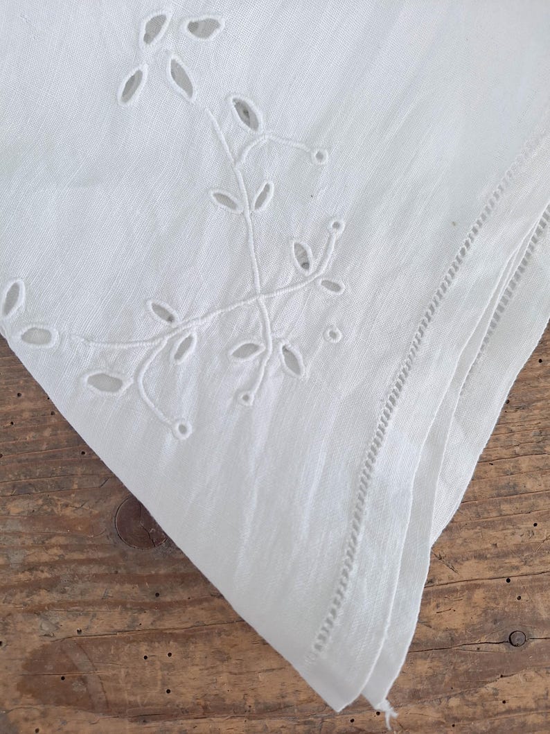 Puede incluir: Un tejido de tela blanca que presenta un intrincado bordado de ojetes con un delicado patr&oacute;n de hojas y enredaderas. El material tiene una textura tejida visible y un dobladillo acabado con un borde cosido decorativo a lo largo del pliegue.