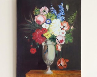 木に油絵、小さいフォーマット、花瓶に花の花束、額入り絵画 - Etsy 日本