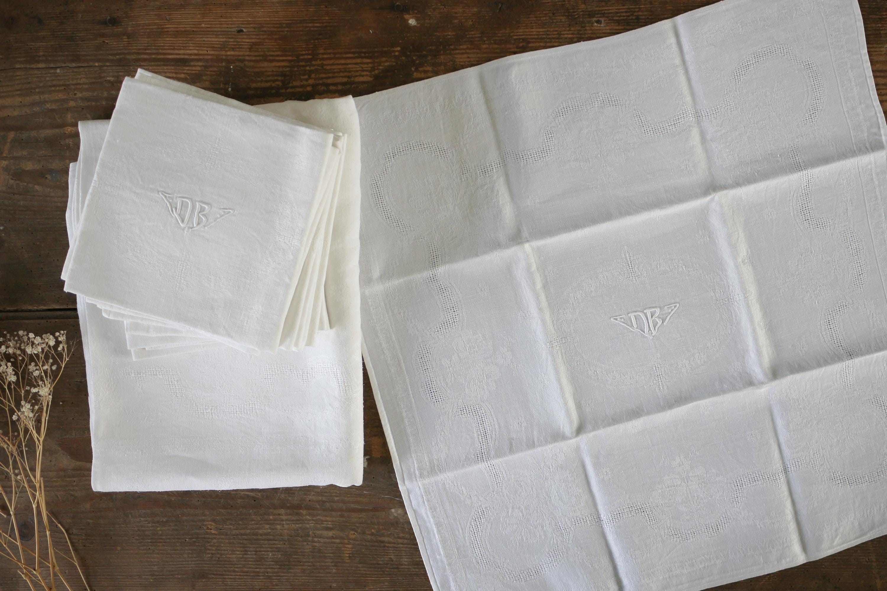 Nappe Et 12 Serviettes Anciennes – Damassé Coton Blanc – Belle Qualité