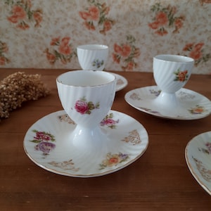 Set of 4 Porcelain Egg Cup with Floral Pattern, Limoges China Egg Holders