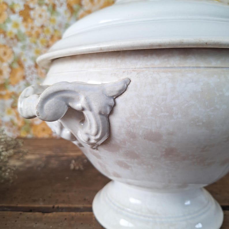 May include: A white ceramic tureen with a lid, featuring ornate handles and a pedestal base. The tureen has a slightly aged appearance, with subtle variations in color. The design is classic and elegant, suitable for serving soups or stews.