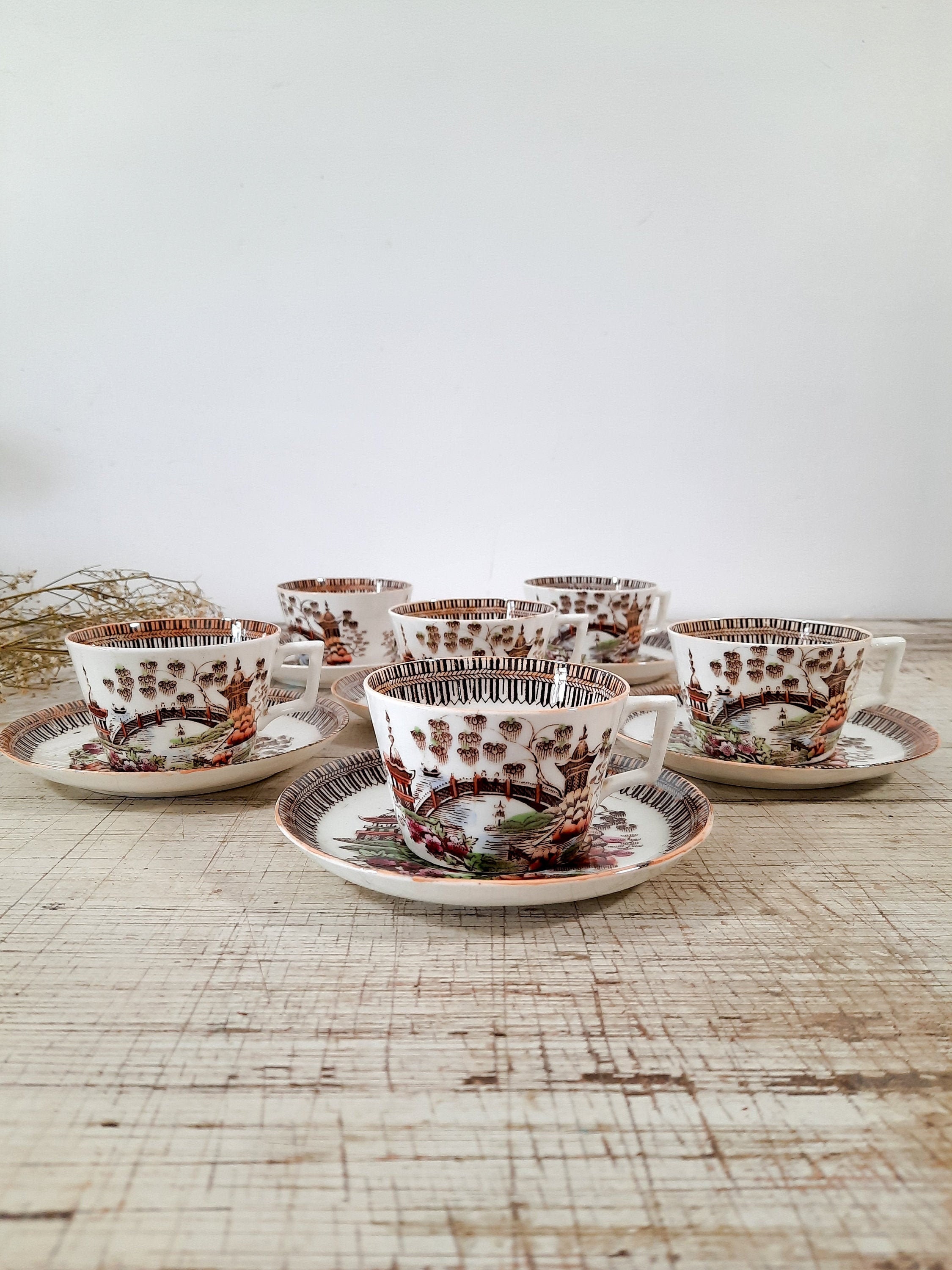 Tea Cup And Saucer Digoin Sarreguemines Antique French Flat Cup and Saucer Limoges China Japonses Style Asian Decor Tea for Gifts Tea Cup And Saucer Digoin Sarreguemines Antique French Flat Cup and Saucer Limoges China Japonses Style Asian Decor Tea for Gifts