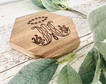 Engraved Marian Wood Hexagonal Drink Coaster | JMJ | Catholic Home Decor | Wooden Drink Coaster | Blessed Mother Decor