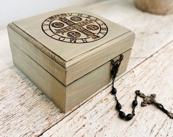 Benedictine Medal Rosary Box | Sacramentals Keepsake Box | Rosary Holder | Religious Vocations | Baptism Gift | First Holy Communion Gift