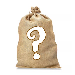 May include: A brown hessian sack with a white question mark printed on the front.