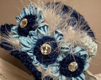 Vintage Style Doll Hat: Blue Floral Fedora with Silk Ribbon
