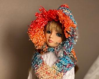 Carnival cozy doll hat, unique, ooak, winter fashion accessory, pixie style, dolly couture, whimsical