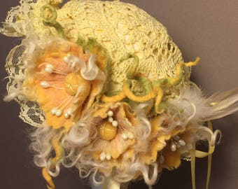 Unique, hand-crafted, OOAK, Garden party Daffodil doll hat