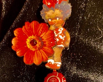 Handcrafted Zinnia Pin: Beaded Tassel, Faux Pearl, Silver Attachment