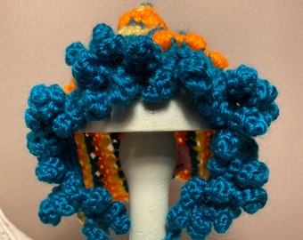 Tilly twirl pixie doll hat, unique, ooak, handcrafted, crocheted, doll accessory, dolly fashion.