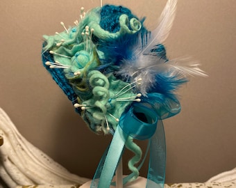 Handcrafted Teal Doll Hat: Crocheted Fedora with Aqua Floral Blooms