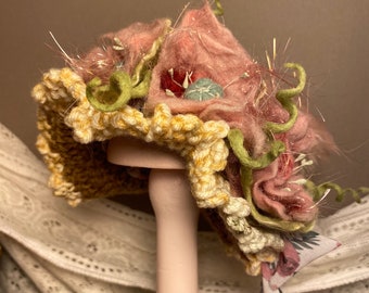 Wildwood rosey doll hat, ooak, unique, fun fashion accessory, garden party, doll fashion, dolly wardrobe.