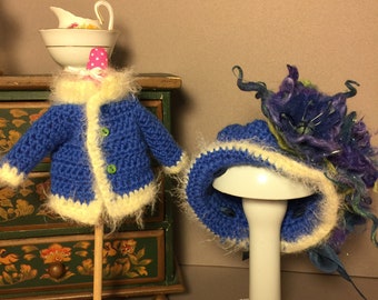 Hand-Crocheted Blythe Doll Outfit: Blue Bowler Hat & Sweater Set
