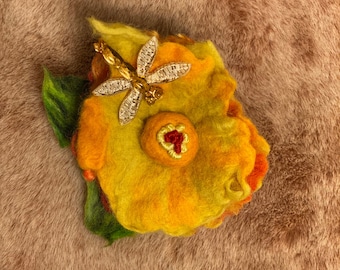 Hand-felted Merino Wool Flower Pin: Jeweled Bee Bloom