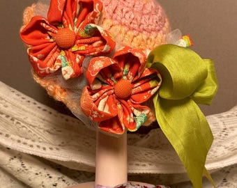 Hand Crocheted Doll Hat: Peach Floral Fedora, Fits Blythe, Crissy, Velvet Dolls