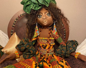 Introducing Glam Gal Imani Eshe, unique, ooak, art doll, collectible, doll art, handcrafted cloth doll, handmade clothing, beaded jewelry.