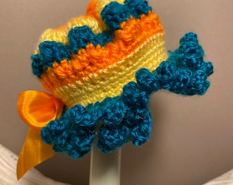 Hand Crocheted Doll Hat: Sunny Twirl Design with Silk Ribbon