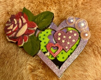 Handcrafted Purple Heart Pin: Jeweled OOAK Whimsical Brooch