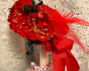 Red Belle doll hat, unique, vintage style, ooak, handcrafted, doll accessory.