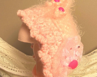 Crocheted Pink Pixie Doll Hat: Tulle Bloom, Beaded Tassels