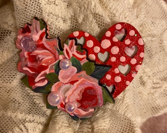 Bee-Jeweled Rose Heart Pin: OOAK Handcrafted Lapel Pin