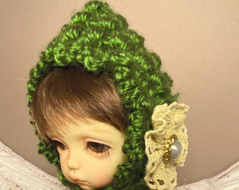 Crocheted Pickle Chip Green Doll Hat: OOAK Pixie Bonnet