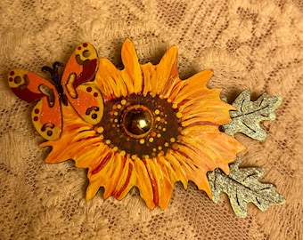 Bee-Jeweled Sunflower Pin: Hand-Painted OOAK Gold Brooch