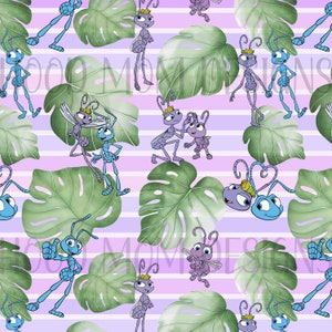 May include: A seamless pattern featuring cartoon ants with wings and crowns, in shades of blue and purple, on a background of purple and white stripes and green leaves.