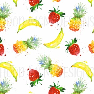 Watercolor Fruit Pineapple Banana Strawberry Seamless Pattern
