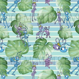Può includere: Uno schema senza cuciture con formiche di cartoni animati blu e viola con ali e corone su uno sfondo a strisce blu e verde con foglie verdi.