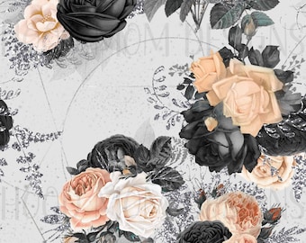 Peach and Black Floral Digital Paper, Seamless Vintage Flower Patterns ...
