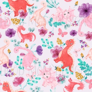 Floral Dinosaurs, Purple Background Seamless Pattern
