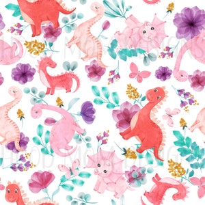Floral Dinosaurs, White Background Seamless Pattern