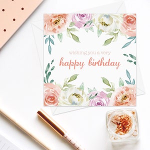 Cartão de aniversário de flor. Cartões de aniversário para ela. Cartão de aniversário da esposa. Cartões de aniversário femininos. Cartões de aniversário florais pastel. Cartão de aniversário amigo